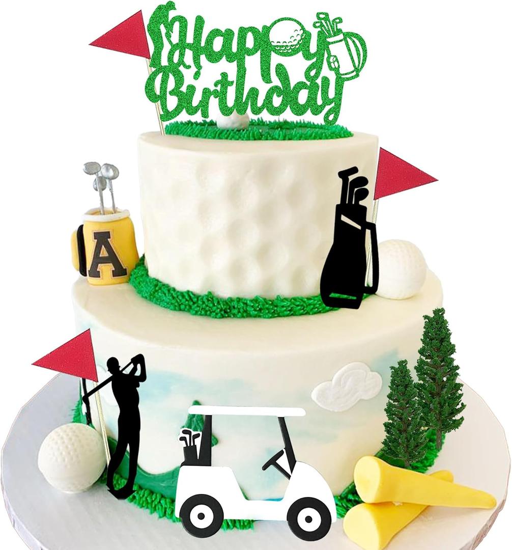 Golf Happy Birthday Cake Topper Golf Cart Tree Cake Decor Sport Theme Man Boy Girl Birthday Cake Decorations for Golf Theme Party Supplies (Green 3)