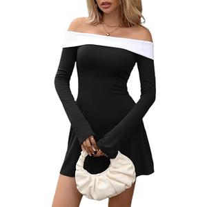 BARASA Off-Shoulder Dress for Women Long Bell Sleeve Cold Shoulder Cocktail Party Evening Wear Bodycon Pencil Dresses (X-Large, Black)