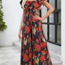 Gardenwed Women's Floral Wide Leg Jumpsuit, Ruffle Short Sleeve Square Neck Summer Casual Palazzo Romper with Pockets (Medium)