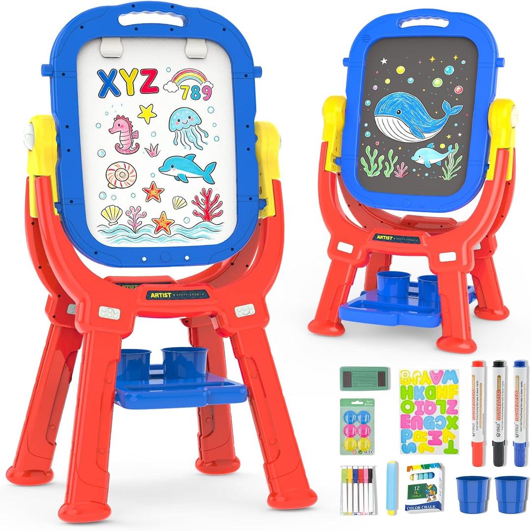 Kids Art Easel for Toddler Age 3-5 Magnetic Double-Sided Board | Adjustable Standing Chalkboard & Whiteboard with Painting Accessories, Birthday Christmas Gift for 3 4 5 Year Old Boys Girls