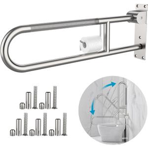 Toilet Grab Bar 30.3 Inch, Munzong Anti-Slip Handicap Grab Bars with Paper Holder, Flip-Up Bathroom Toilet Safety Rails, Stainless Steel Knurled Support handrails for Seniors Elderly Disabled Pregnant