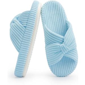 Chantomoo Slippers for Women Memory Foam House Bedroom Corduroy Bow Crossbands Slide Slipper Shoes Comfy Trendy Gift Slippers (9-10, Llight Blue)