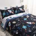 Wajade Kids Space Comforter Set Bed in A Bag Queen Size 7 Piece 3D Space Rocket Planets Bedding Set for Teens Boys Girls (1 Comforter, 1 Flat Sheet, 1 Fitted Sheet, 2 Pillowcase and 2 Pillow Sham)