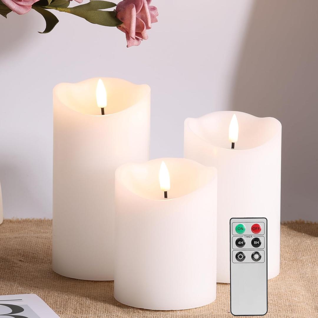 Eywamage White Flameless Pillar Candles with Remote, Flickering Realistic Battery Powered LED Wax Candles,  3" H 4" 5" 6"