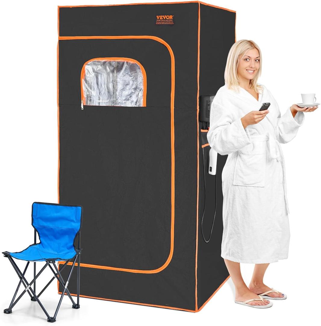 VEVOR Infrared Portable Sauna Tent, 1400W Personal Sauna Kit for Home Spa Heated Body Therapy, Time & Temperature Remote Control with Chair & Floor Mat, Black, 2.9x 2.9x 5.8