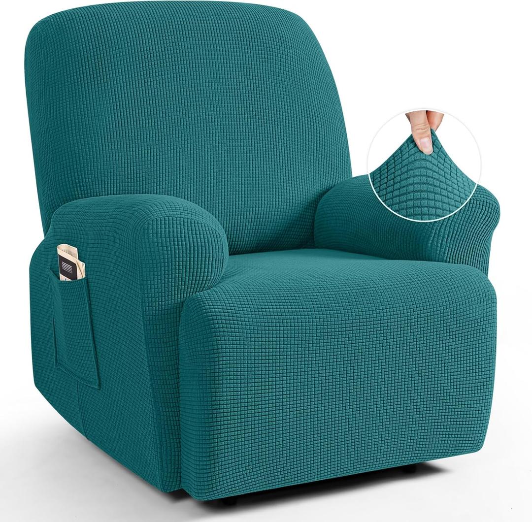TAOCOCO Recliner Cover 4-Pieces, Recliner Stretch Sofa Slipcover, Recliner Cover 1 Seat, Couch Protector Soft, Furniture Protector Covers with Elastic,Chair Covers Jacquard Pattern (Peacock Blue)