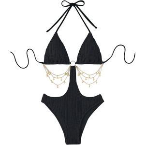 WDIRARA Women's Chain Linked Cut Out Halter One Piece Swimsuit (Large, Black)