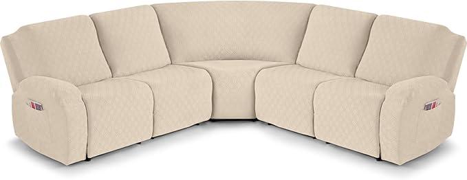 VANSOFY Extra Large Reclining Sectional Couch Covers, Washable 5-Piece Sofa Covers for L Shape Sectional Sofa Corner Seater, Thick, Soft Sofa Slipcovers (5 Seat Recliner Cover, Cream)