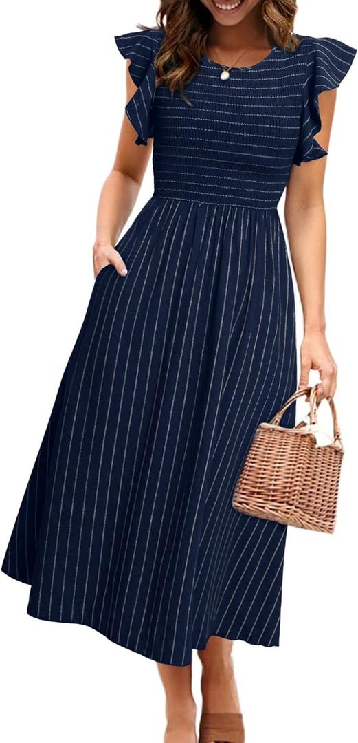 Simplee Womens Striped Midi Summer Dress Linen Smocked Flutter Short Sleeve Dress Flowy Casual Dress with Pockets (Small, Navy Blue)