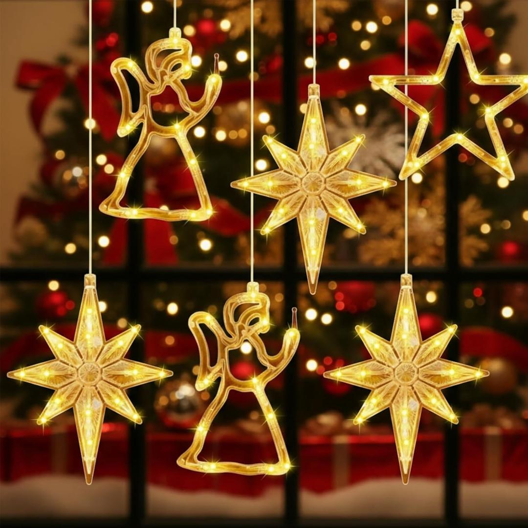 Baquler 6 Pcs Christmas Silhouette Window Lights with Suction Cup Battery Powered Christmas Window Hanging Warm White Lighted Bethlehem Star LED Lamp for Xmas Tree Fireplace Wall Indoor Outdoor Decor