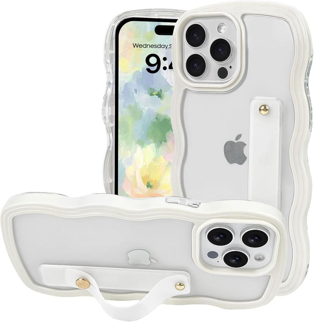 NITITOP Compatible with iPhone 12 Pro Max Case with Wrist Strap Kickstand Clear Cute Wave Wavy Frame for Women Girls Two-in-one Back Shockproof Protective Phone Cover - White