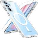 OWKEY for Samsung Galaxy S24 FE Case 6.7'', Magnetic Galaxy S24 FE Case for Magsafe with Tempered Screen Protector [Shockproof Military] Translucent Matte Bumper Phone Cover Samsung S24 FE 5G, Clear