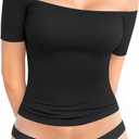 MANGOPOP Off The Shoulder Tops for Women Sexy Short Sleeve T Shirt Slim Fitted Tee Casual Blouse Going Out Tops (Small)