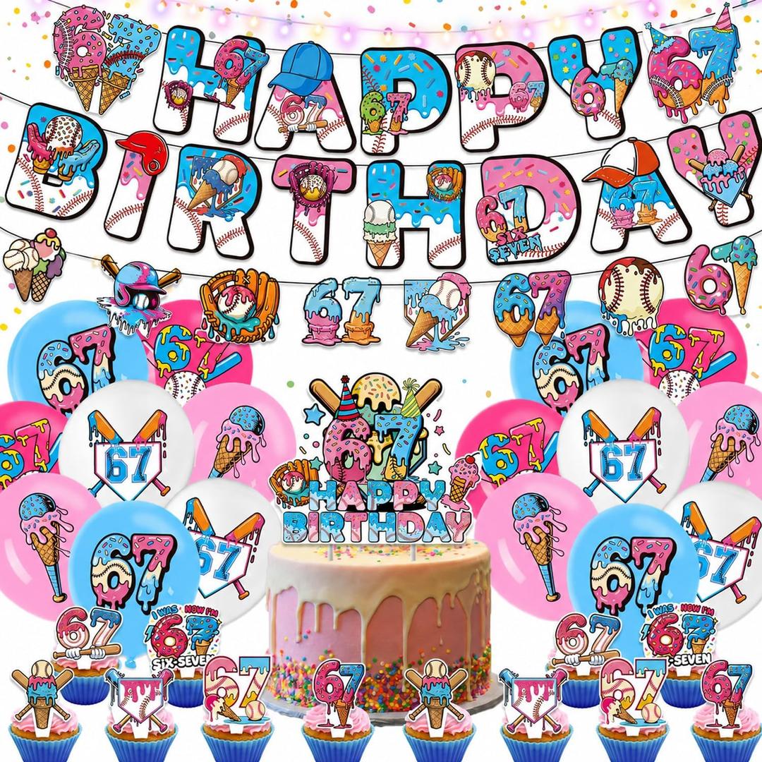 6 7 Birthday Decorations Set, Large Cake Topper, 12 Cupcake Toppers, 16 Balloons for Boys and Girls 7th Birthday Party