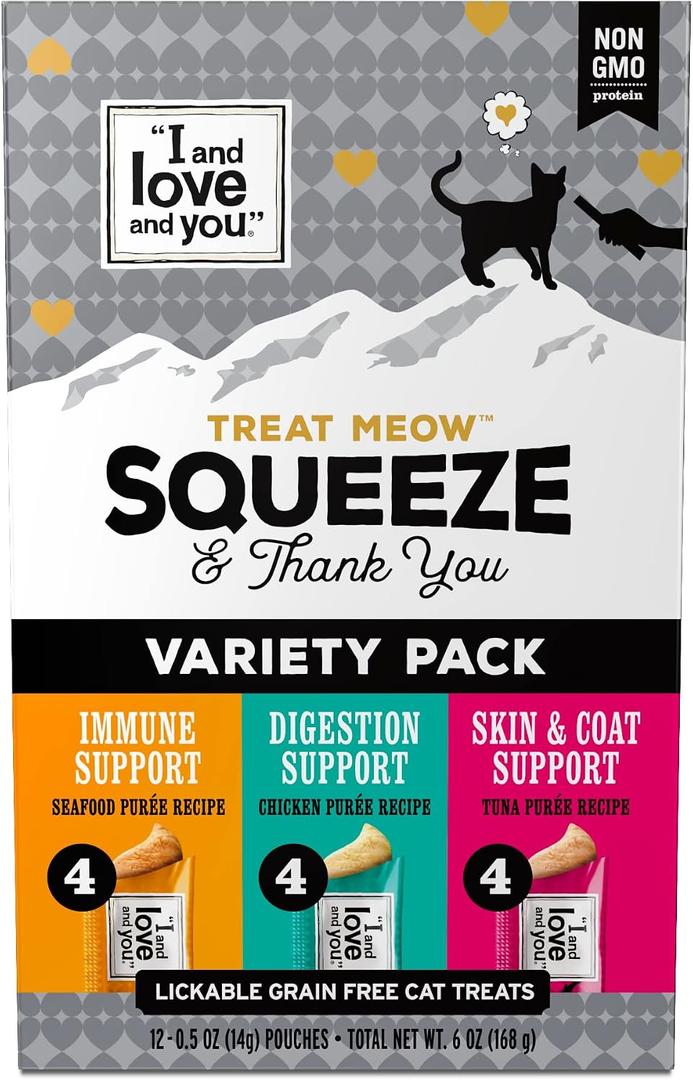 I AND LOVE AND YOU Treat Meow Variety Pack - 12CT Assorted creamy, squeezable puree cat treats in a 12-count variety pack Exp Mar 2026