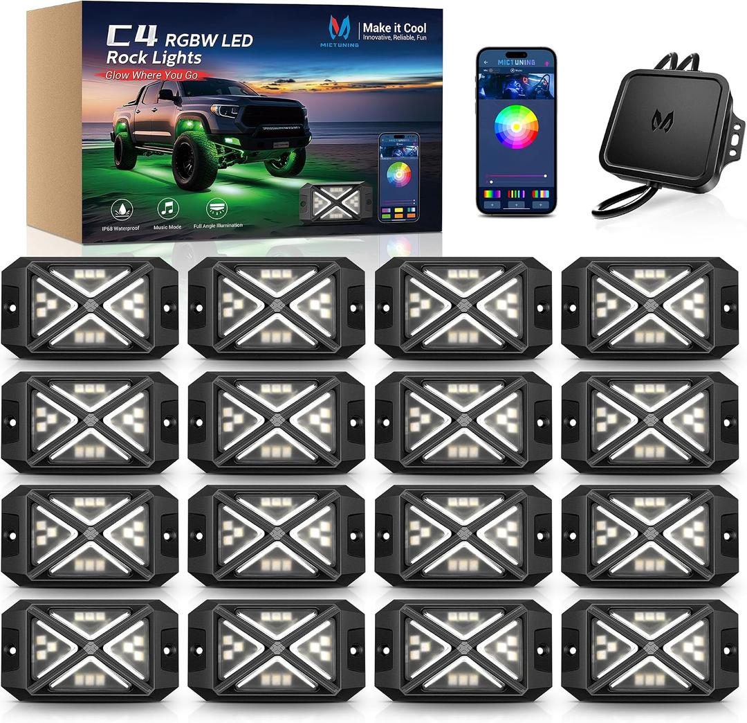 MICTUNING C4 RGBW Rock Lights 16 Pods 360° 4-Sided Wide Beam Underglow Kit | Music Microphone Sync with APP Control, IP68 Waterproof Ultra-Bright Offroad Neon Lights for Jeep Truck UTV ATV