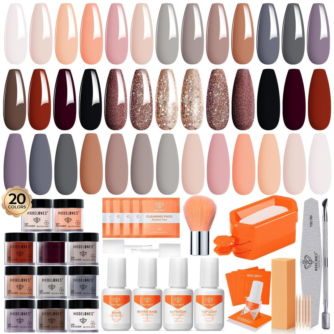 Modelones Dip Powder Nail Kit Starter, 20 Colors Pink Orange Dipping Powder Liquid Set Base&Top Activator for French Nail Art Salon DIY Kit