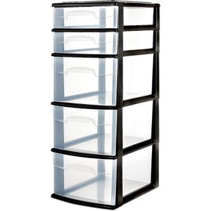 HOMZ Drawer Tower, 5-Tier Clear Plastic Storage Organizer Unit, Black Frame - Multi-Purpose Container Drawers for Bedroom, Bathroom, and Office Organization