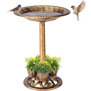 Bird Bath for Outside with 4 Removable Flower Planters 28in Polyresin Lightweight Vintage Birdbath for Outdoors Stake Standing Bowl and Water Feeder Yard Garden Decor Bronze