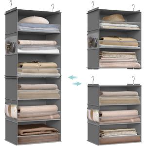 SONGMICS Hanging Closet Organizer, 6-Tier Fabric Storage Shelf, Separable Closet Hanging Shelf with Side Pockets, Foldable, Metal Hooks and Bamboo Inserts, Dove Gray URCH007G01