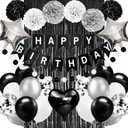 Black and White Birthday Party Decorations,Happy Birthday Decorations for Men Women Boys Girls Including Happy Birthday Banner,Fringe Curtains,Pompom Flower,Black and silver party decorations