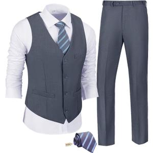 JPF Men's 2 Piece Slim Fit Suit Set, Solid Vest and Pants Suit for Men with Tie (3X-Large, Dark Grey) JPF Men's 2 Piece Slim Fit Suit Set, Solid Vest and Pants Suit for Men with Tie (3X-Large, Dark Grey)