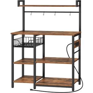 HOOBRO Bakers Rack with Power Outlet, 35.4 Inches Coffee Bar with Mesh Basket, Microwave Stand with 4 S-Shaped Hooks, Kitchen Bakers Rack with Storage, Easy to Assemble, Rustic Brown BF05HB01