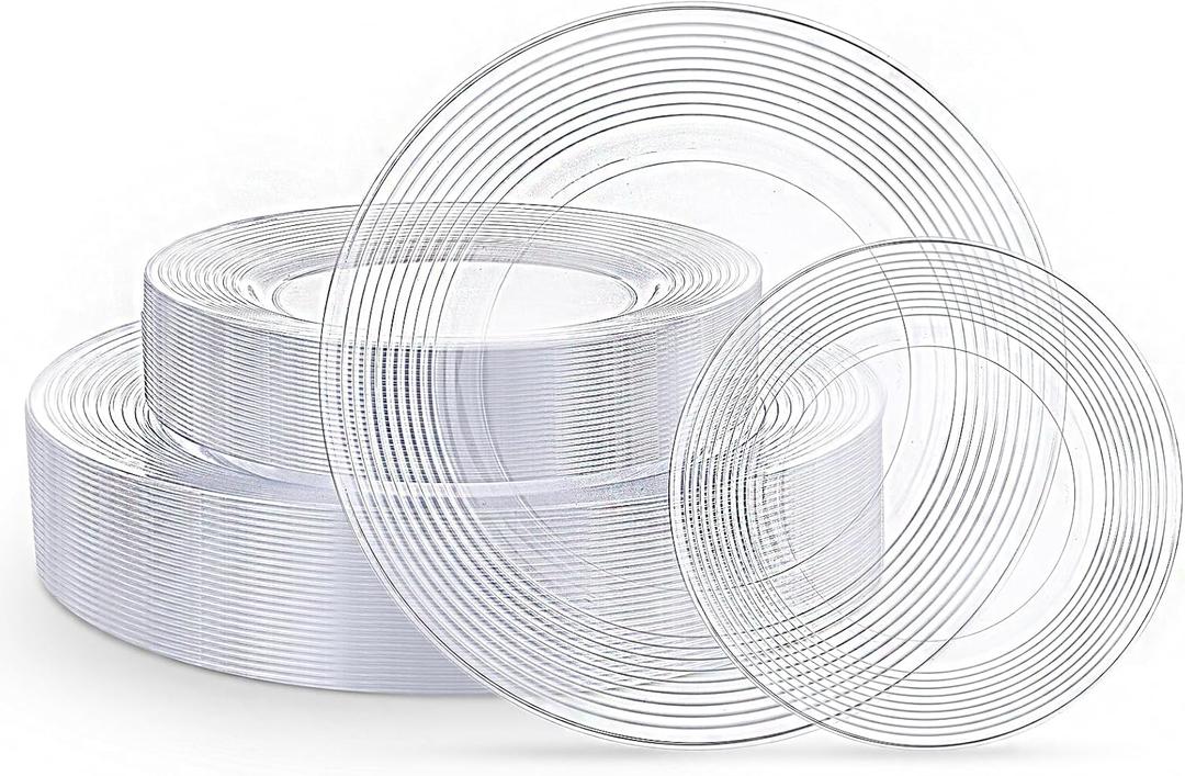 FLOWERCAT 100PCS Clear Plastic Plates - Heavy Duty Plastic Plates Disposable -Straw hat plate for Birthday party &Wedding - Serve for 50guests party(10inch & 7inch)(Clear)