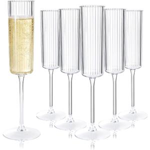 36 Pack Clear Plastic Champagne Flutes - 6oz Ribbed Disposable Champagne Glasses - Clear Vintage Mimosa Glasses with Long Stem - Elegant Sparkling Stemware for Wedding, Party