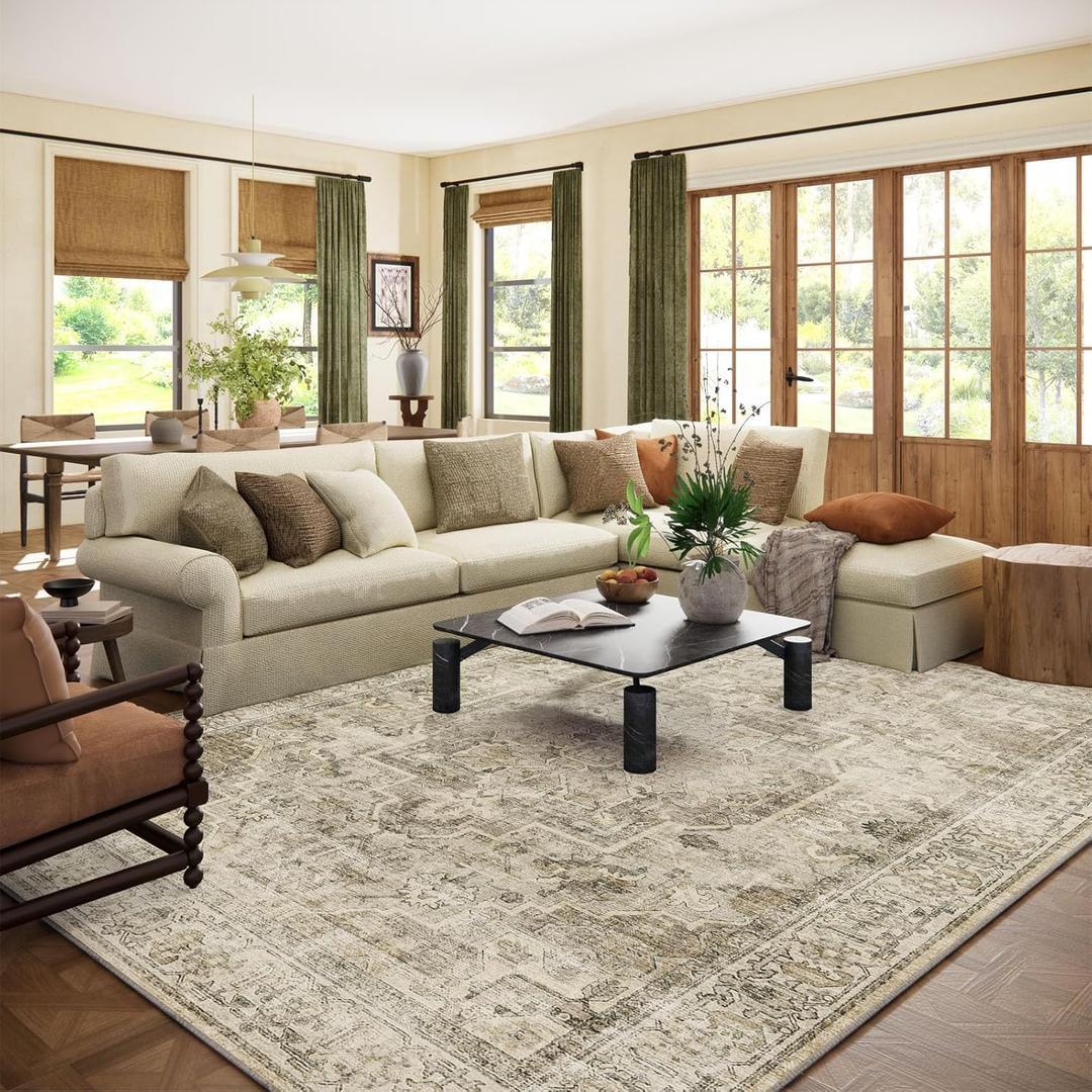 Washable Area Rugs for Living Room: 8x10 Bedroom Area Rugs Boho Vintage Rugs Stain Resistant Non Slip Low Pile Soft Lightweight Carpet for Kitchen Dining Room Farmhouse Nursery Kids Room Home Office (Brown and Cream)