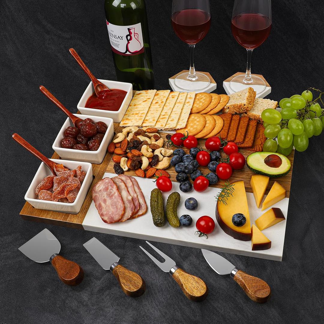 Charcuterie Board Set - Large Marble Cheese Board Perfect Wood Charcuterie Boards Accessories Housewarming Gifts for New Home, Bridal Shower, New House Gift