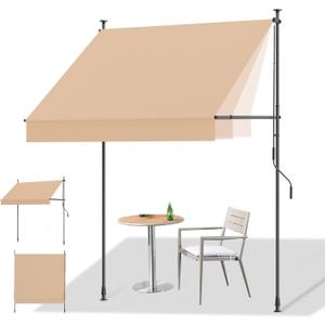 HOMEDEMO Manual Retractable Awning, 118" W x 118" H Retractable Side Bar 47-59", Outdoor Patio Awnings Height Adjustable 82-118", NO Drilling Awings for Backyard Garden Porch Outside Khaki