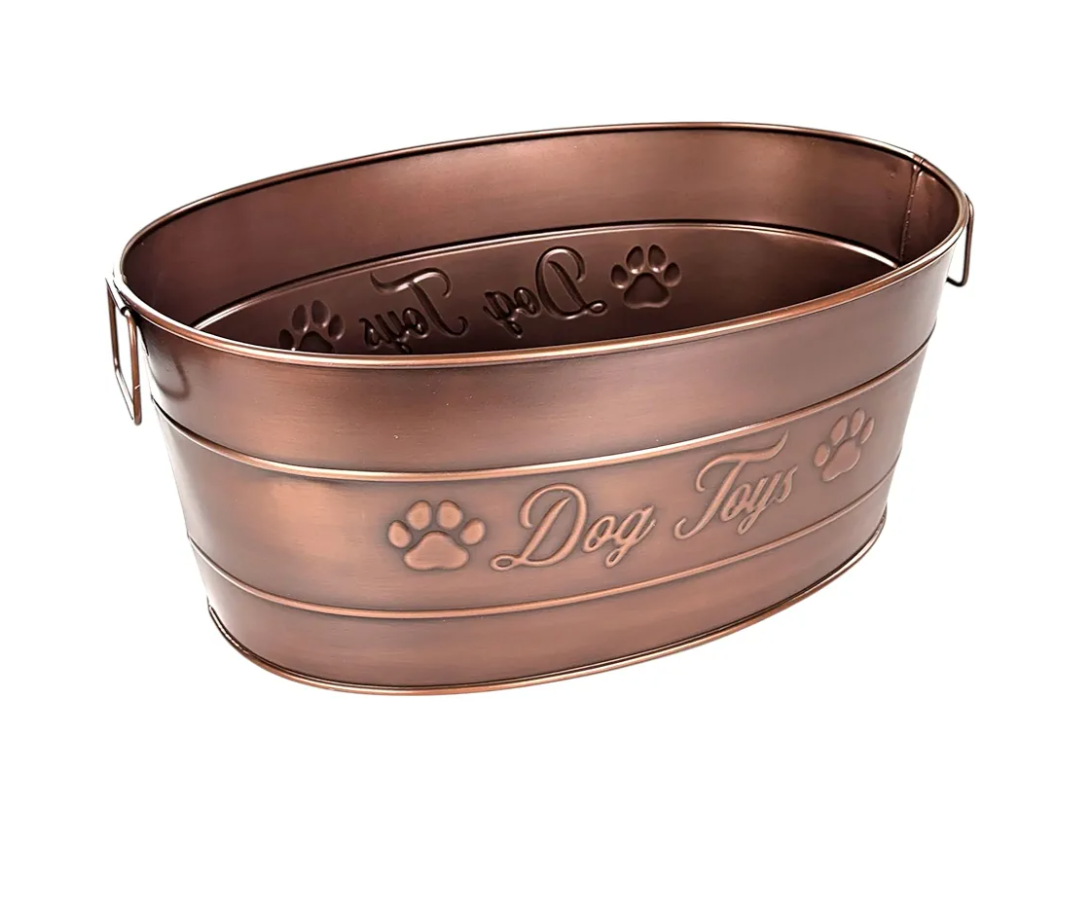 BREKX Indestructible Metal Dog Toy Bin - Galvanized Metal Bin with Handles for Accessory Storage - Pet Toy Basket, Blanket Basket - Storage Dog Toy Box, Farmhouse Decor (Copper - 25 Quart)