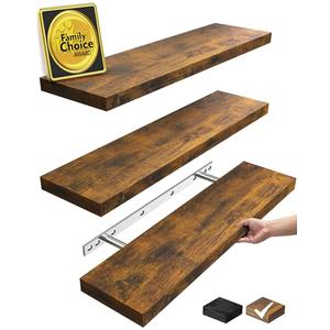 BAYKA Floating Shelves for Wall, 22.5 inches Wall Mounted Rustic Wood Shelves for Bathroom, Bedroom, Living Room, Floating Shelves for Books/Storage/Decor(Rustic Brown,Set of 4)