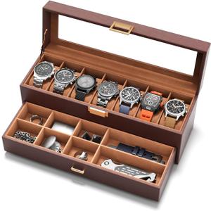Watch Case Box for Men - 7 SLots Watches Storage Organizer Real-Glass Display Case with Jewelry Drawer 2-Layer PU Leather Collection Holder Gift for Loved Ones Brown