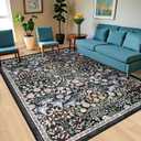 Area Rugs 9x12 Living Room: Floral Washable Rug Vintage Large Soft Boho Non-Slip Carpet Indoor Stain Resistant Low Pile Carpets for Bedroom Dining Room Farmhouse Nursery Hallway Home Office Dark Black
