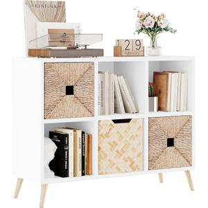 6 Cube Storage Organizer, Wood Bookcase with Legs, Modern Freestanding Cubby Shelving Unit, White Book Shelf Toy Storage Cabinet for Bedroom, Living Room, Kids Room, Fits 11 Inch Bins