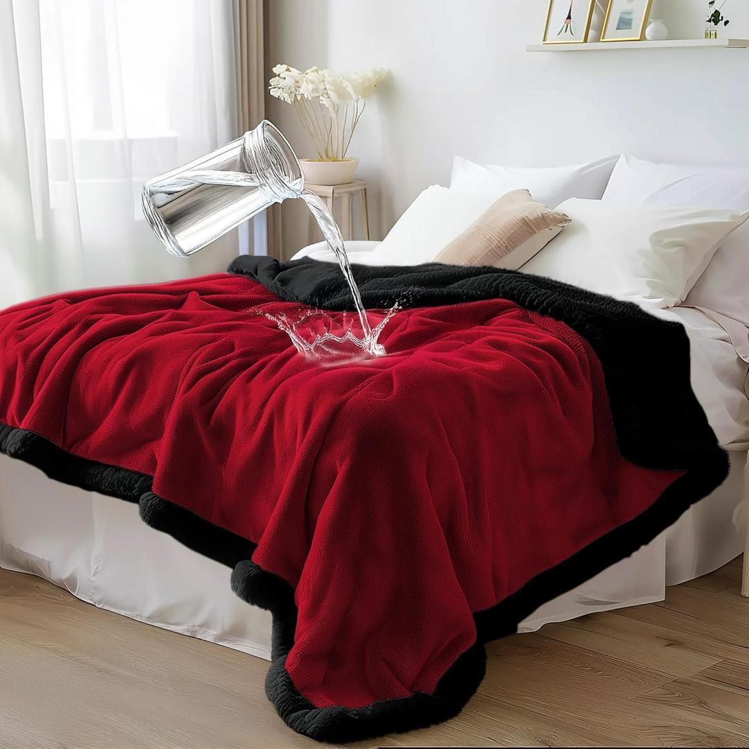 Waterproof King Size Blanket - Sherpa Fleece Reversible Throw, Soft Warm Leak-Proof Bed & Couch Protector for Kids, Pets & Everyday Spills (Velvet Red/Obsidian Black, King 90x108)