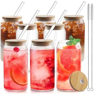 HOMBERKING Glass Cups with Bamboo Lids and Straws 7pcs Set, 20oz Cups, Beer Glasses, Iced Coffee Cups, Cute Tumbler with 2 Cleaning Brushes, Ideal for Cocktail, Whiskey, Tea, Gift