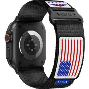 Rugged Nylon for Apple Watch Ultra 2 Band 49mm iWatch Bands 46mm 45mm 44mm 42mm Men,Soft Woven Adjustable Stars-Stripes Flag Wristbands Strap for Apple Watch Ultra Series 10/9/8/7/6/5/4/3/SE/Ultra2 (1-Color USA Flag-Black)