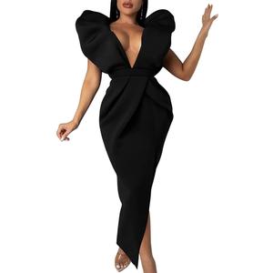 Memoriesea Women's Sexy Deep V Neck Puff Sleeve Side Split Ruched Backless Gown Dress (X-Large, Black)