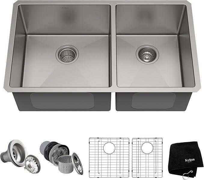 Kraus Kitchen Sinks Undermount - 33 Inch Stainless Steel Kitchen Sink, 60/40 Double Bowl, 16 Gauge, Model KHU103-33