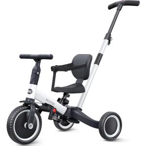 newyoo Toddler Bike, 4 in 1 Tricycles for 1,2,3 Year Olds, Balance Bike, Birthday Gift and Toy for Boys and Girls, Kids Tricycle with Parent Steering Push Handle, Removable Pedals, White, TR007