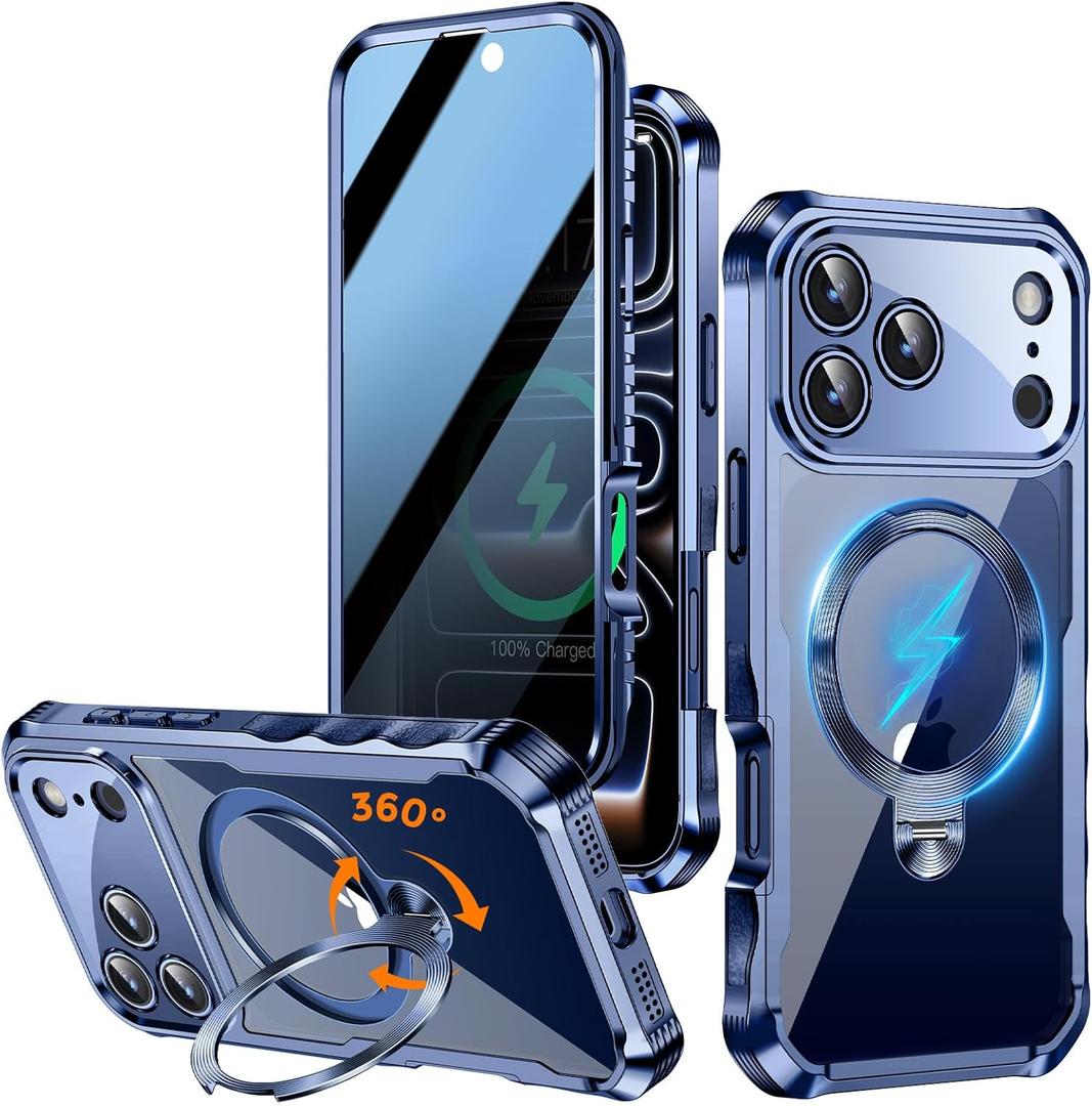 [360 Rotatable CD Stand & Built-in Privacy Screen Magnetic Case for iPhone 17 Pro Max [Compatible with MagSafe & Full Signal] Shockproof Full Body Anti-Spy Cover for 17 Pro Max-Blue