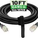 POWGRN 10 Ft 10AWG Black Outdoor Extension Cord Waterproof Heavy Duty 10 Gauge 3 Prong, Flexible Cold-Resistant Power Cord Indoor & Outside with Lighted Indicator End, 15Amp 1875W SJTW ETL Listed