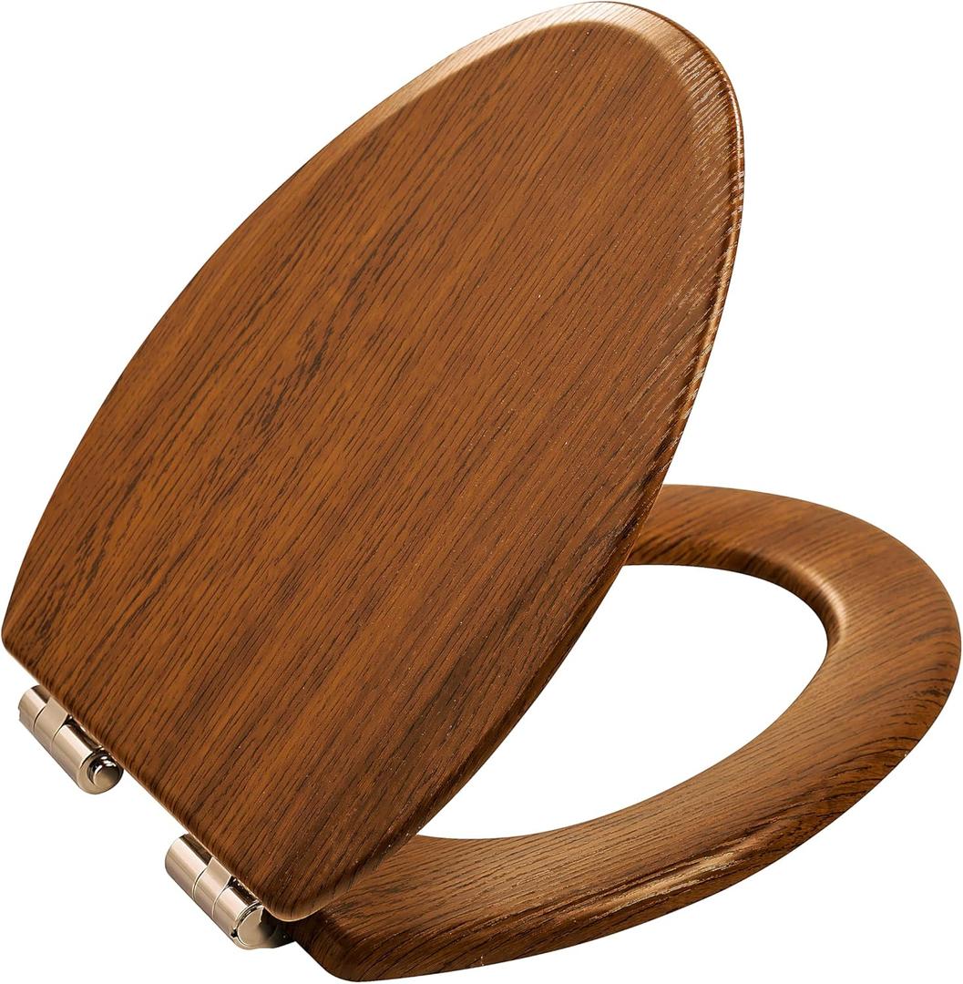 Toilet Seat, Slow Close, Premium Moulded Wood, Quick Release, Red Oak Look, PIKLiDS, Laminated Woodgrain Finish (Elongated)
