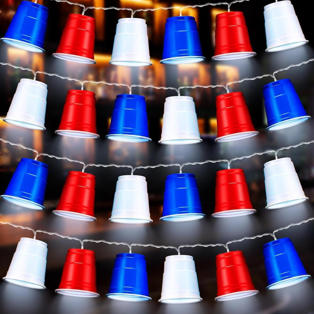 Hiboom 2 Pack Red White and Blue Cups Light, Shot Cups Fairy String Lights Battery Operated LED for 4th of July Independence Day Patriotic Decor Memorial Day Bar Graduation RV Party (6.56Ft)