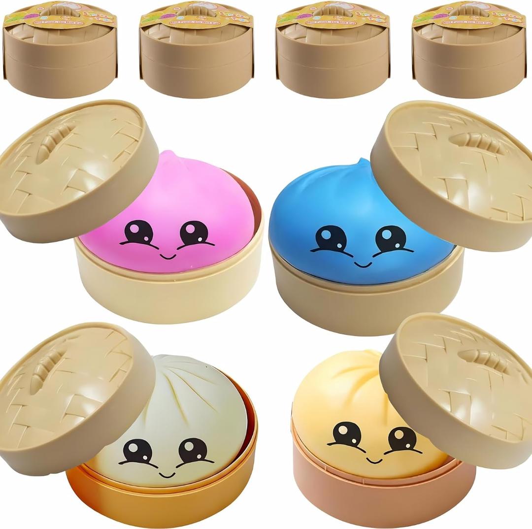 Dumpling Squishy Mystery Box 4 Set - 2026 Upgraded Dumplings Squishes for Adults Teens Squeeze Easter Basket Stuffers & Stocking Stuff White Yellow Pink Blue