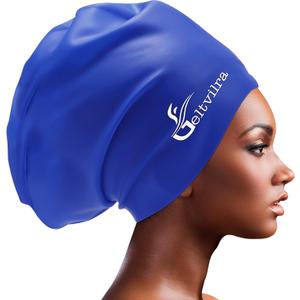 Waterproof Extra Large Silicone Swimming Caps Turban for Black Women Girls Men with Long Hair Braids Dreadlocks to Keep Hair Dry (Blue)