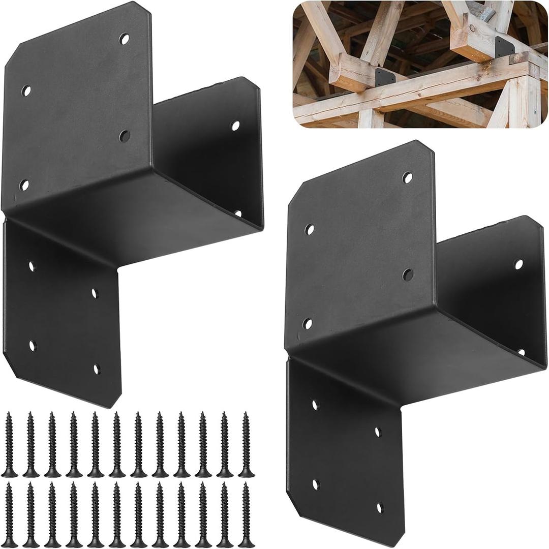 2 Pcs Black Caps Tie Brackets, 4x4 Post Cap Tie Carbon Steel Post Bracket Anchor Connector Support for Post to Wood Deck
